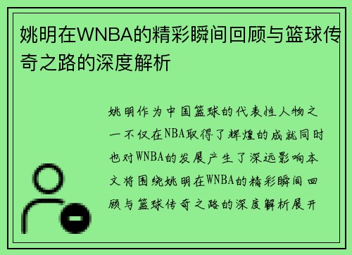 姚明在WNBA的精彩瞬间回顾与篮球传奇之路的深度解析